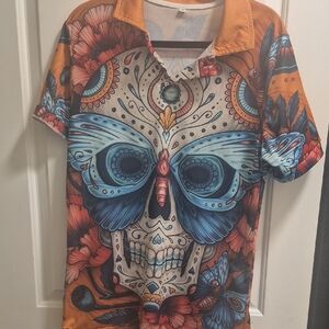 WOMENS SIZE M Orange and Blue Graphic Shirt